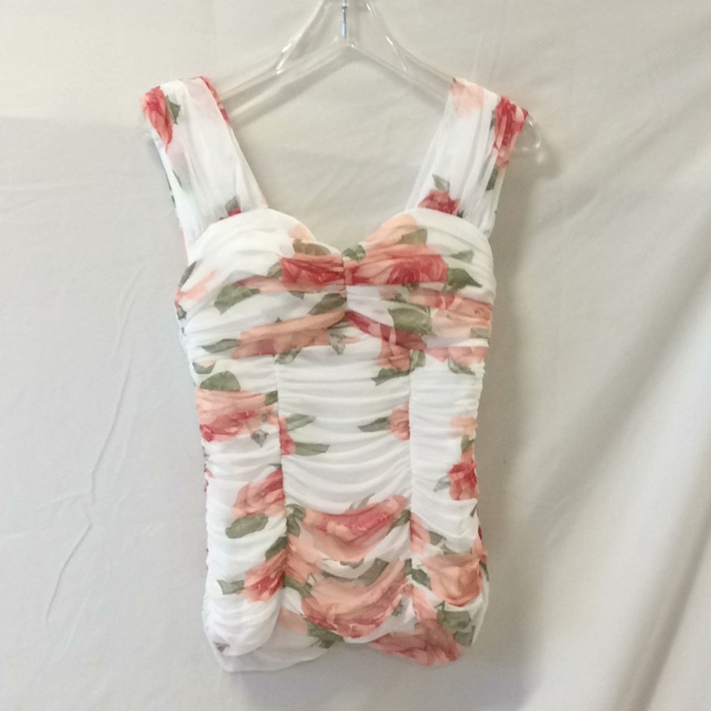 Fully lined shirring peach floral on white cami